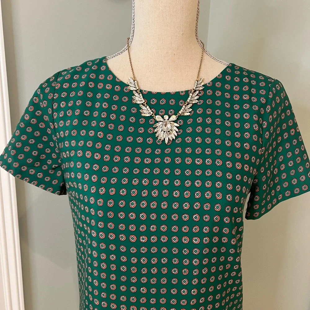 JCrew Green Print Slip Over Head Dress | Size 2 | Like New - Picture 2 of 8